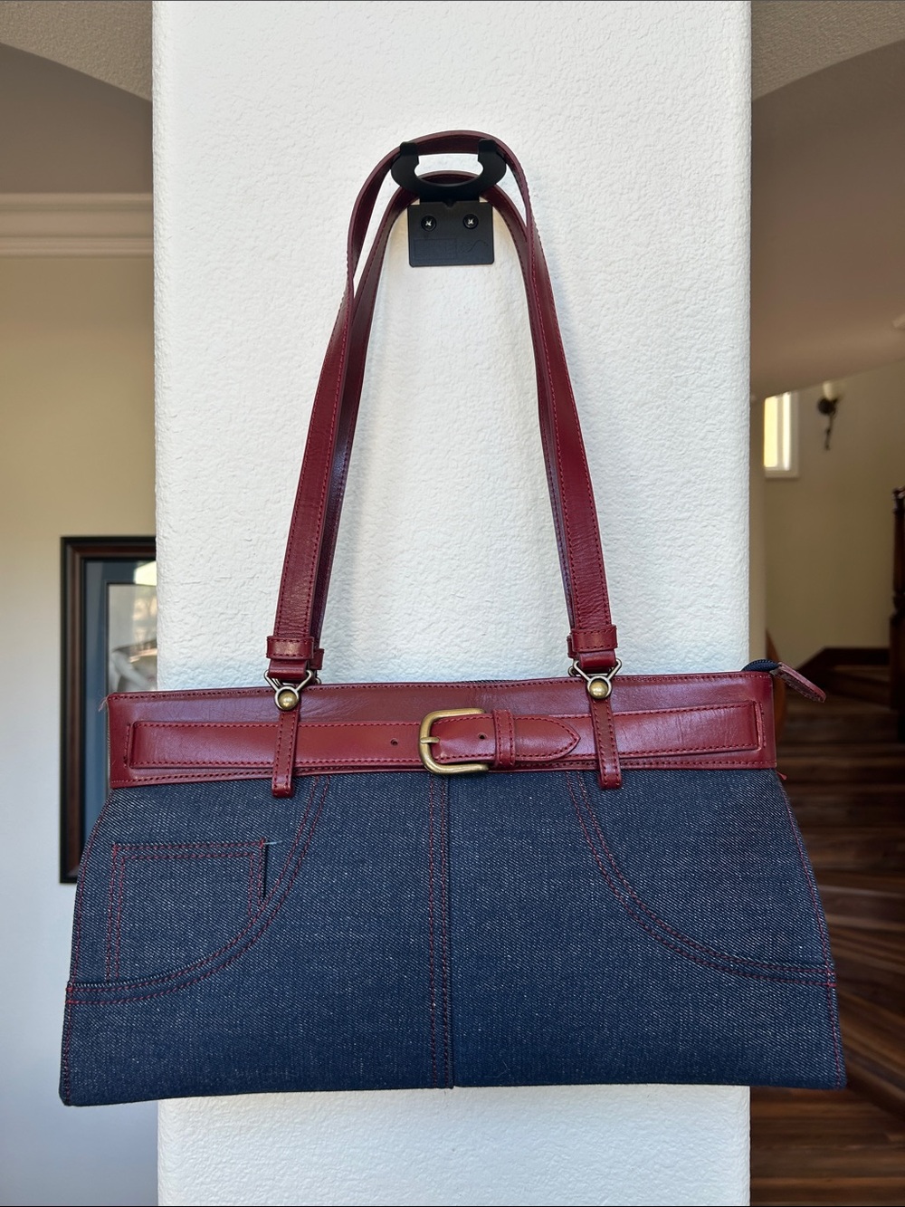 Structured Denim Shoulder Bag with Burgundy Leather Trim